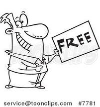 Cartoon Black and White Line Drawing of a Guy Holding a Free Sign by Toonaday