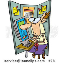 Cartoon Guy Using a Computer in a Cramped Cubicle by Toonaday