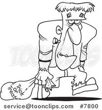 Cartoon Black and White Line Drawing of Frankenstein Trick or Treating by Toonaday