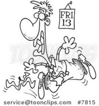 Cartoon Black and White Line Drawing of a Guy Slipping on a Banana Peel on Friday the 13th by Toonaday