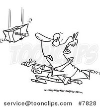 Cartoon Black and White Line Drawing of a Guy Running to Catch a Fragile Package by Toonaday