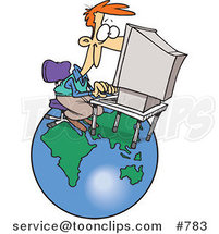 Cartoon White Business Man Working on a Computer over a Globe by Toonaday