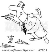 Cartoon Black and White Line Drawing of a Business Man Playing with Paper Planes by Toonaday