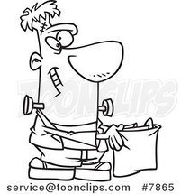 Cartoon Black and White Line Drawing of Frankenstein Holding a Treat Bag by Toonaday