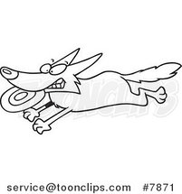 Cartoon Black and White Line Drawing of a Dog Running with a Frisbee by Toonaday