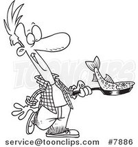 Cartoon Black and White Line Drawing of a Guy Frying a Fish by Toonaday