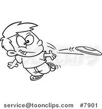 Cartoon Black and White Line Drawing of a Boy Tossing a Frisbee by Toonaday