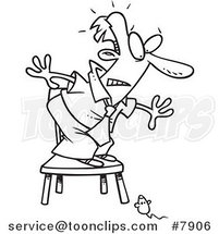 Cartoon Black and White Line Drawing of a Mouse Scaring a Business Man by Toonaday