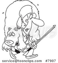 Cartoon Black and White Line Drawing of a Frontiersman Carrying a Bear by Toonaday