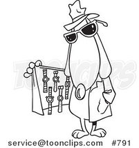 Cartoon Line Art Design of a Dog Selling Watches from Under His Coat by Toonaday