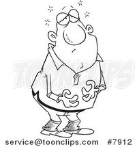 Cartoon Black and White Line Drawing of a Guy Holding His Full Tummy by Toonaday