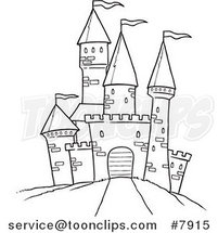 Cartoon Black and White Line Drawing of a Path Leading to a Castle by Toonaday