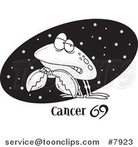 Cartoon Black and White Line Drawing of a Cancer Crab over a Starry Black Oval by Toonaday