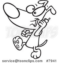 Cartoon Black and White Line Drawing of a Dog Talking on a Cell Phone by Toonaday