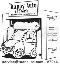 Cartoon Black and White Line Drawing of a Car Driving Through an Auto Wash by Toonaday