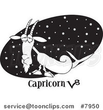 Cartoon Black and White Line Drawing of a Capricorn Sea Goat over a Starry Black Oval by Toonaday