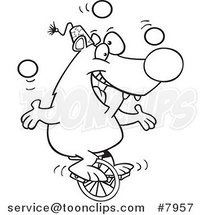 Cartoon Black and White Line Drawing of a Circus Bear Juggling on a Unicycle by Toonaday