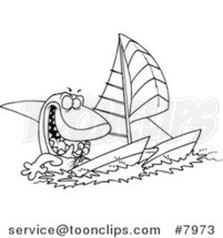 Cartoon Black and White Line Drawing of a Shark Sailing a Catamaran by Toonaday