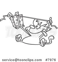 Cartoon Black and White Line Drawing of a Cat Opening a Christmas Gift by Toonaday