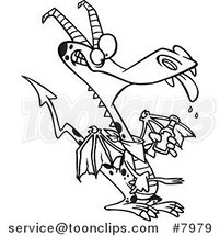 Cartoon Black and White Line Drawing of a Dragon Holding Ketchup by Toonaday