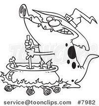 Cartoon Black and White Line Drawing of a Witch Alligator Sitrring a Cauldron by Toonaday
