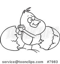 Cartoon Black and White Line Drawing of a Victorious Chick by an Egg Shell by Toonaday