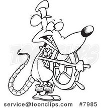 Cartoon Black and White Line Drawing of a Captain Rat Steering by Toonaday