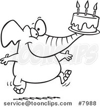 Cartoon Black and White Line Drawing of a Birthday Elephant Carrying a Cake by Toonaday