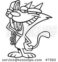 Cartoon Black and White Line Drawing of a Cat Talking on a Phone by Toonaday