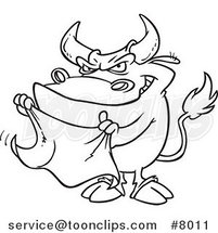 Cartoon Black and White Line Drawing of a Bull Waving a Cape by Toonaday