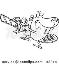 Cartoon Black and White Line Drawing of a Beaver Using a Chainsaw by Toonaday