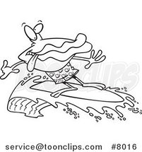 Cartoon Black and White Line Drawing of a Clam Playing a Clam Surfing by Toonaday