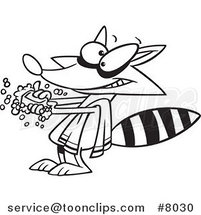 Cartoon Black and White Line Drawing of a Raccoon Washing His Hands by Toonaday