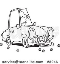 Cartoon Black and White Line Drawing of a Car with a Cracked Windshield by Toonaday