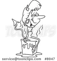 Cartoon Black and White Line Drawing of a She Devil Cooling off on a Block of Ice by Toonaday