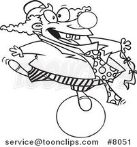 Cartoon Black and White Line Drawing of a Clown Balancing on a Ball by Toonaday
