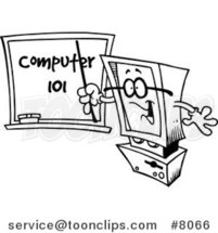 Cartoon Black and White Line Drawing of a Desktop Computer Teaching by Toonaday