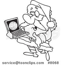 Cartoon Black and White Line Drawing of Santa Carrying a Laptop by Toonaday