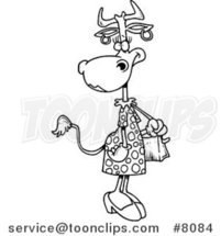 Cartoon Black and White Line Drawing of a Female Cow Carrying a Purse by Toonaday