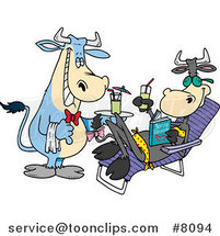 Cartoon Waiter Cow Serving a Female Cow a Beverage Poolside by Toonaday