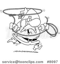 Cartoon Black and White Line Drawing of a Cowboy Santa Swinging a Lasso by Toonaday