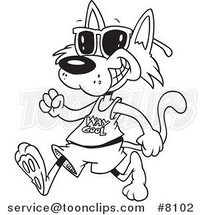 Cartoon Black and White Line Drawing of a Cat Walking and Wearing Sunglasses by Toonaday