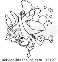 Cartoon Black and White Line Drawing of a Clown Fish Holding a Horn by Toonaday
