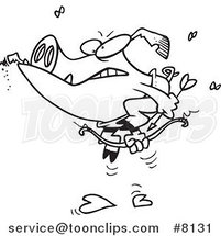 Cartoon Black and White Line Drawing of a Cupid Pig Smoking a Cigar by Toonaday