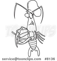Cartoon Black and White Line Drawing of a Chef Crawdad Using a Mixing Bowl by Toonaday