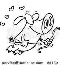 Cartoon Black and White Line Drawing of a Flying Cupid Pig by Toonaday