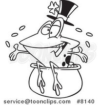 Cartoon Black and White Line Drawing of a St Patricks Day Frog on a Pot of Gold by Toonaday