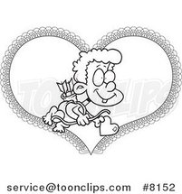 Cartoon Black and White Line Drawing of Cupid Boy over a Heart by Toonaday