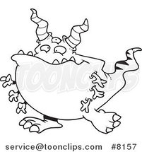 Cartoon Black and White Line Drawing of a Horned Monster by Toonaday