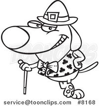 Cartoon Black and White Line Drawing of a St Patricks Day Dog Leaning on a Cane by Toonaday
